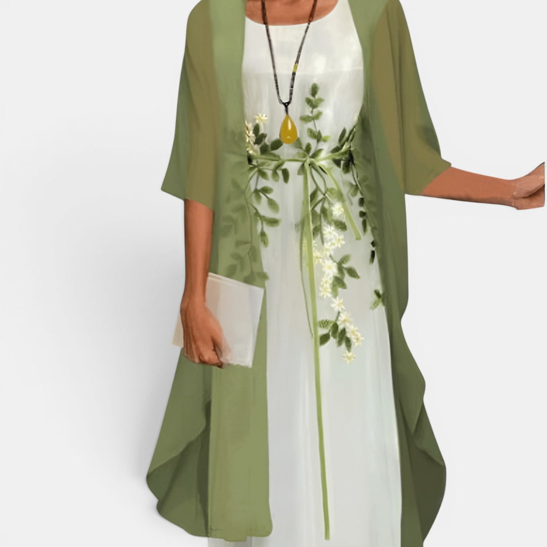 Mildred | Two-Piece Midi Dress Set with Lace Bodice and Sheer Overlay