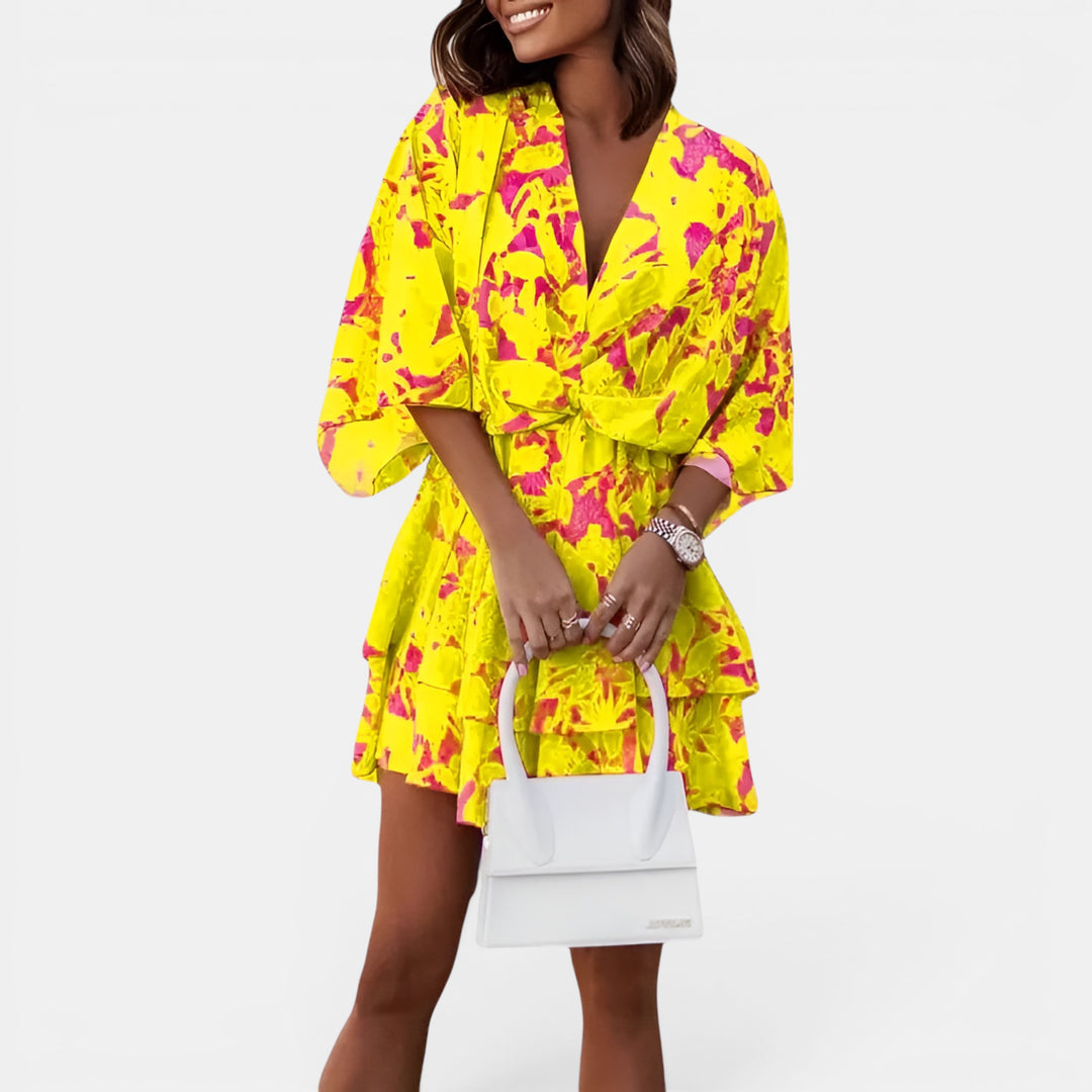 Vivienne | Floral Mini Dress with Twisted Front and Double Ruffle Skirt