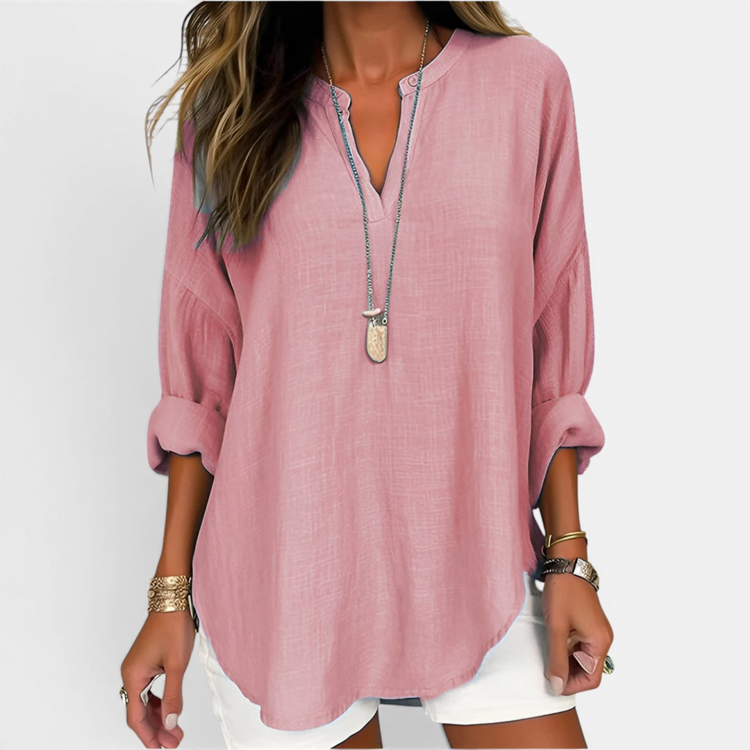 Georgia | Long Sleeve V-Neck Top with Rollable Sleeves