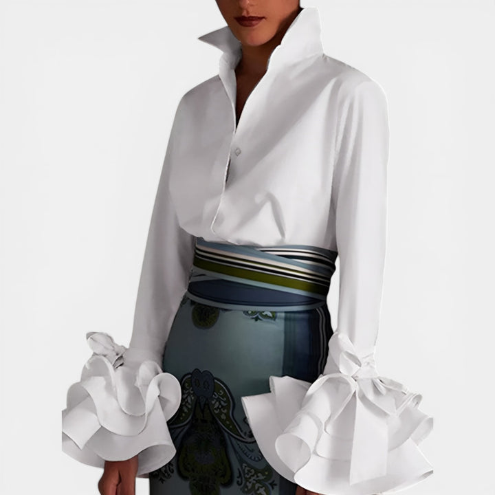 Irene | Long Sleeve Ruffle Cuff Button-Up Blouse