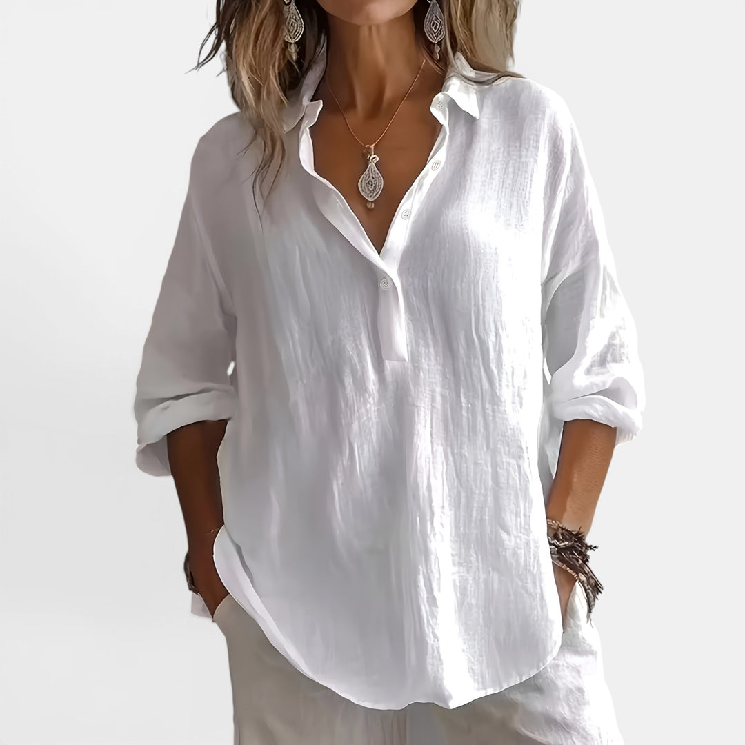 Maxine | Long Sleeve V-Neck Shirt with Partial Button Placket