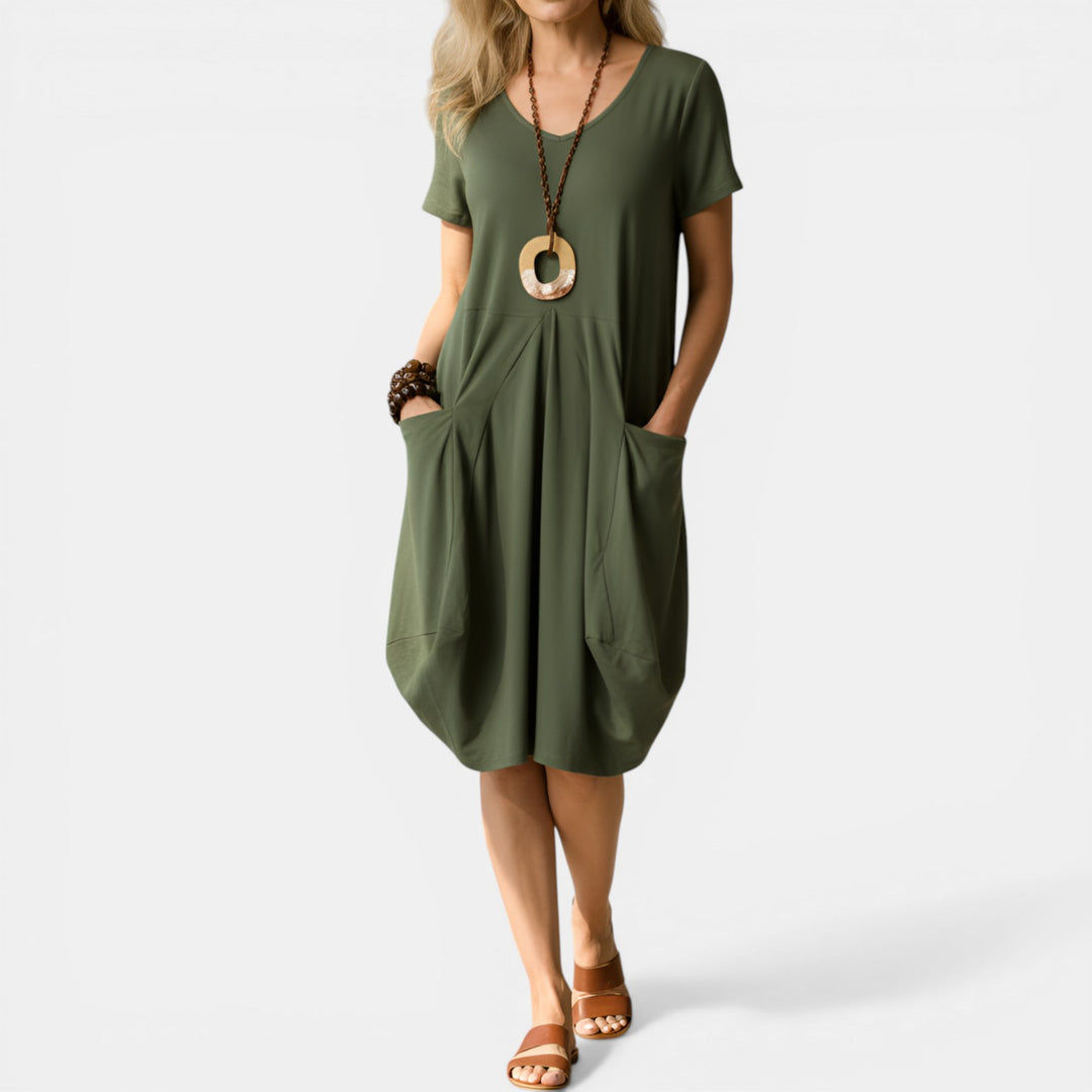 Evelyn | Short Sleeve Draped Midi Dress