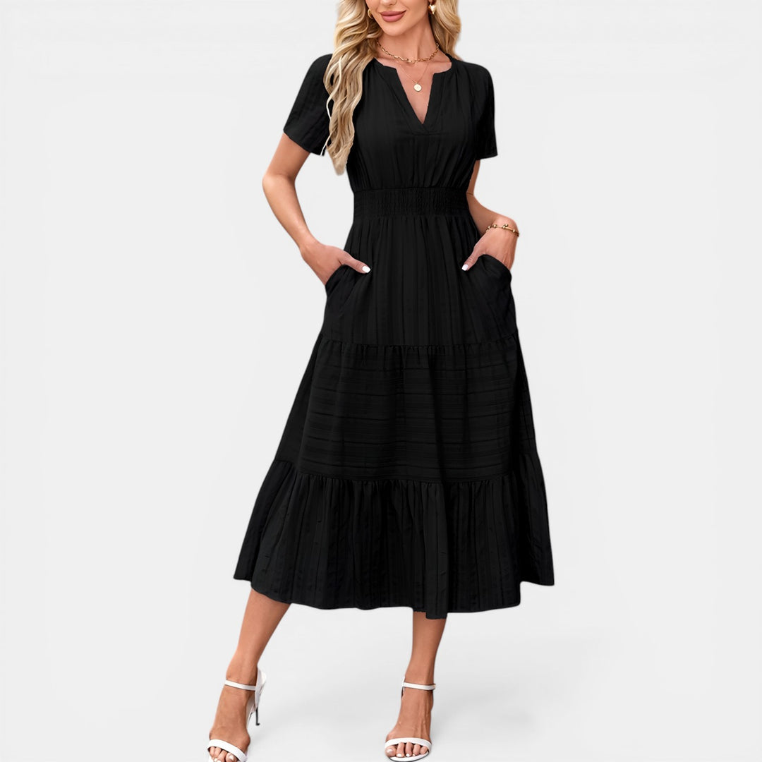 Peggy | Puff Sleeve Smocked Waist Tiered Midi Dress