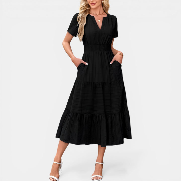 Peggy | Puff Sleeve Smocked Waist Tiered Midi Dress