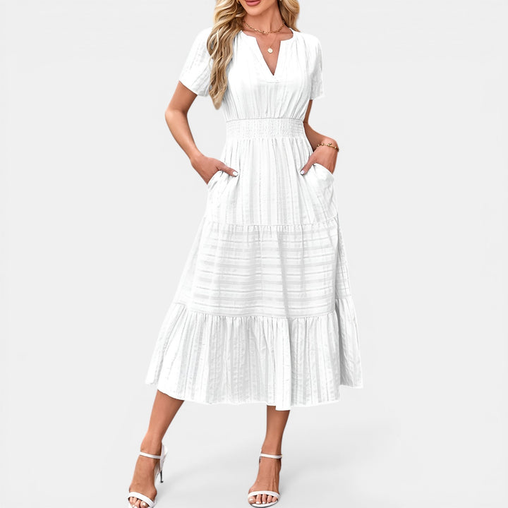 Peggy | Puff Sleeve Smocked Waist Tiered Midi Dress