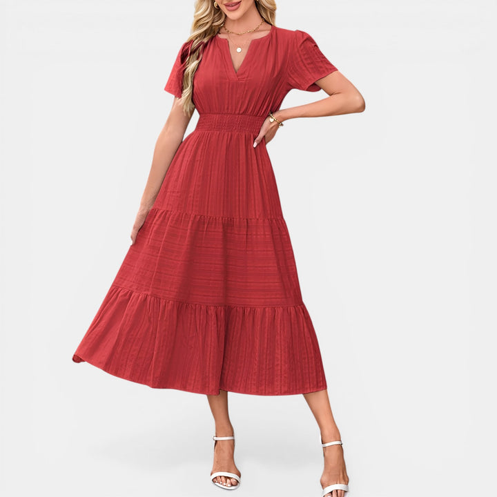 Peggy | Puff Sleeve Smocked Waist Tiered Midi Dress