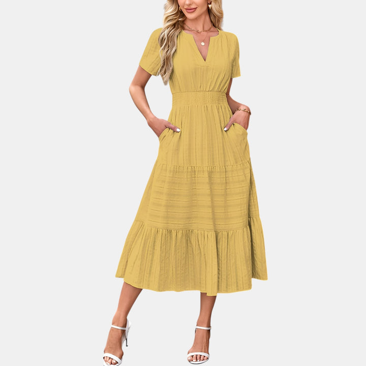 Peggy | Puff Sleeve Smocked Waist Tiered Midi Dress