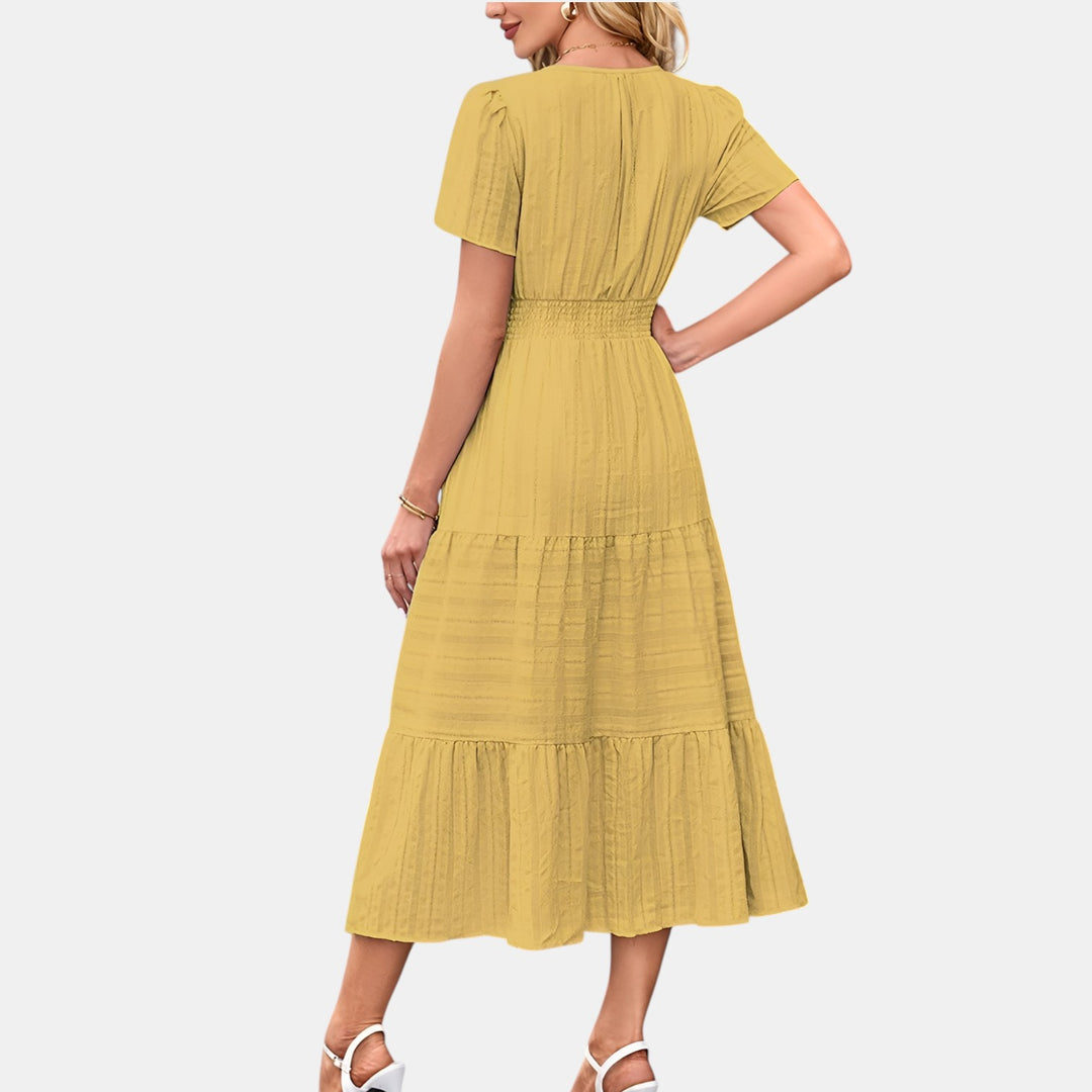 Peggy | Puff Sleeve Smocked Waist Tiered Midi Dress