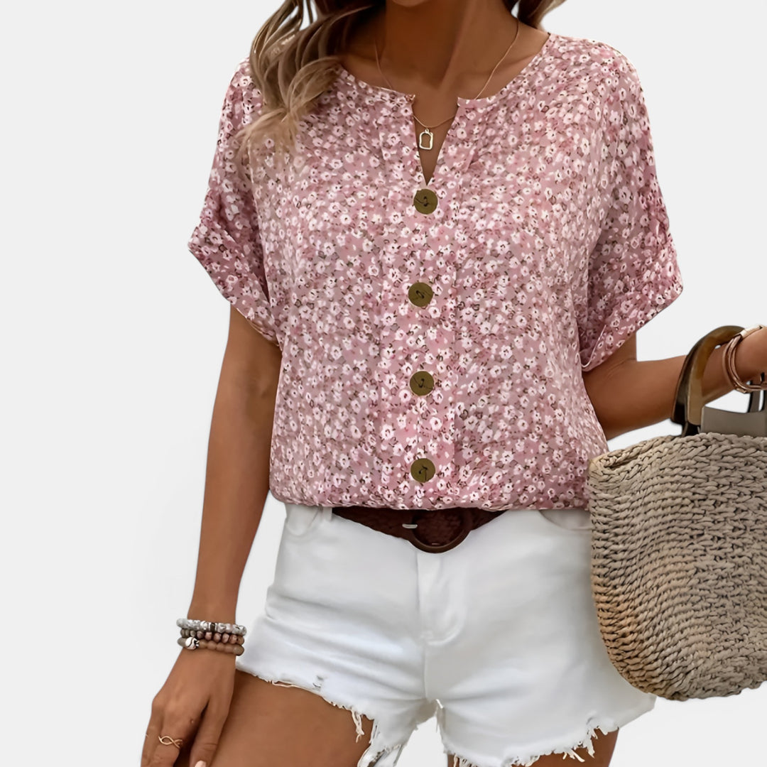 Pauline | Short Sleeve Floral Blouse with Button Front