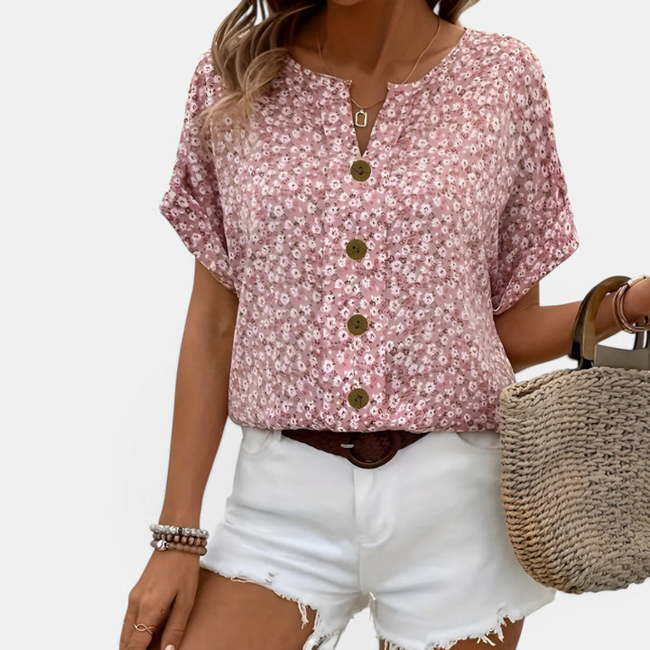Pauline | Short Sleeve Floral Blouse with Button Front